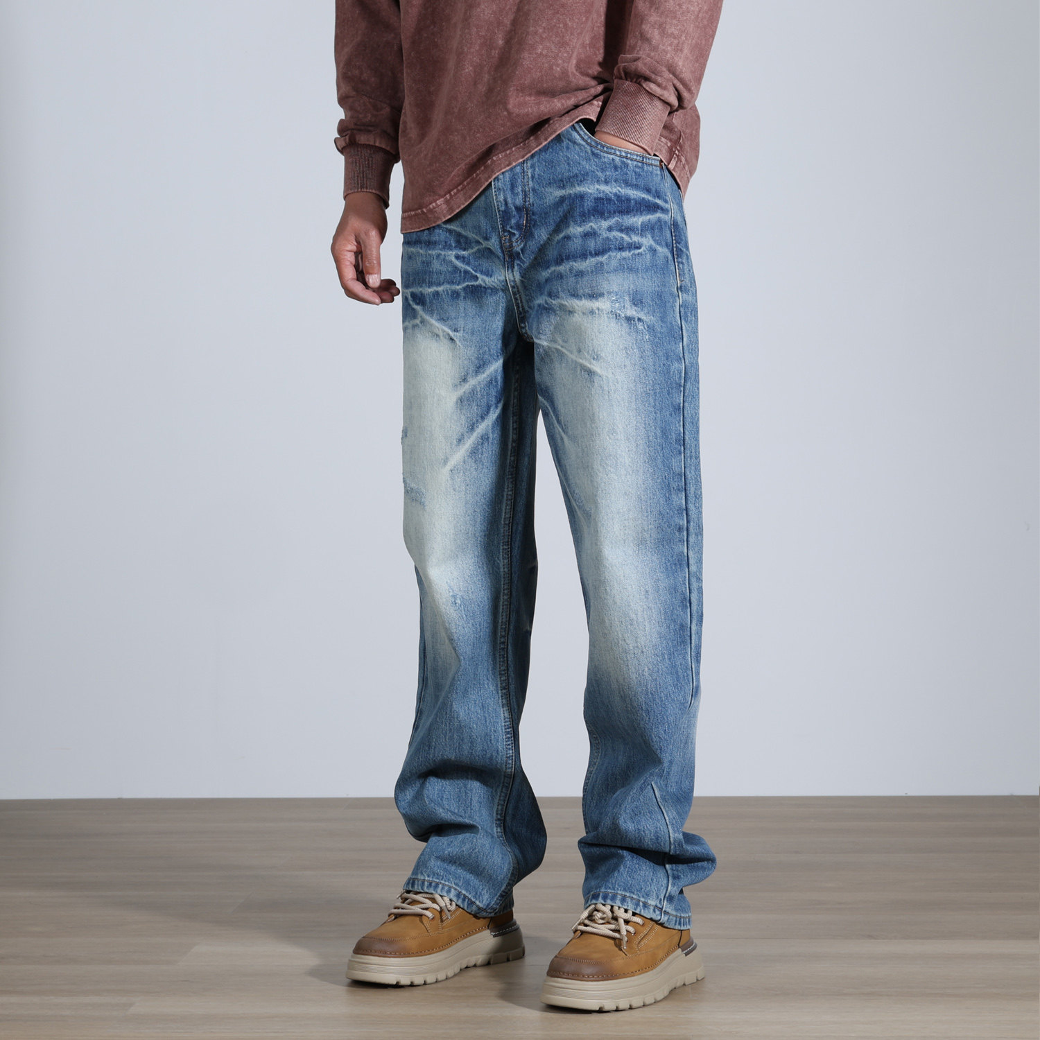【宽松直筒】高端重工水洗牛仔裤男款秋冬季厚款浅色磨白无弹裤子