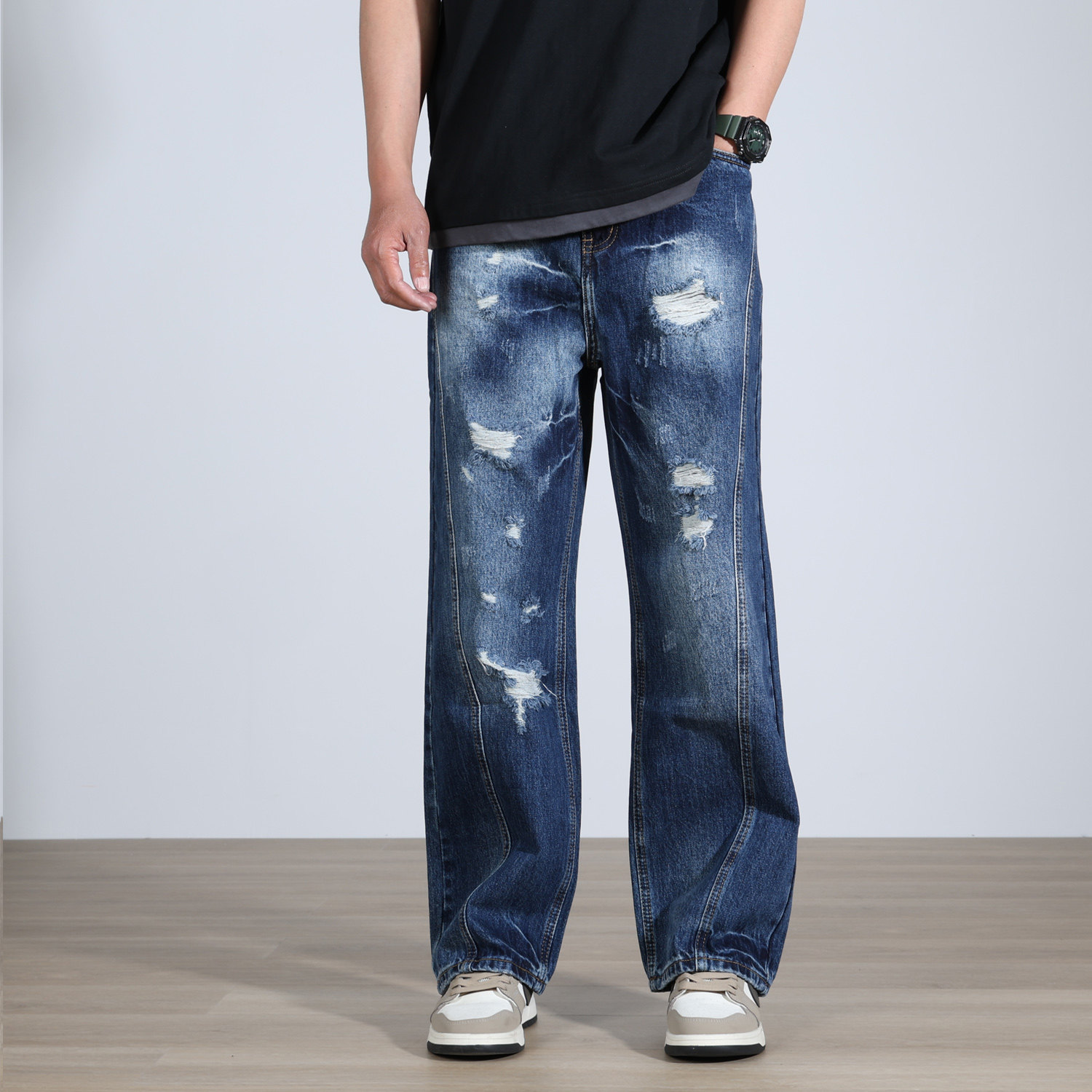 【宽松直筒】男士牛仔裤深蓝色破洞拼接水洗宽松直筒中腰阔腿裤子