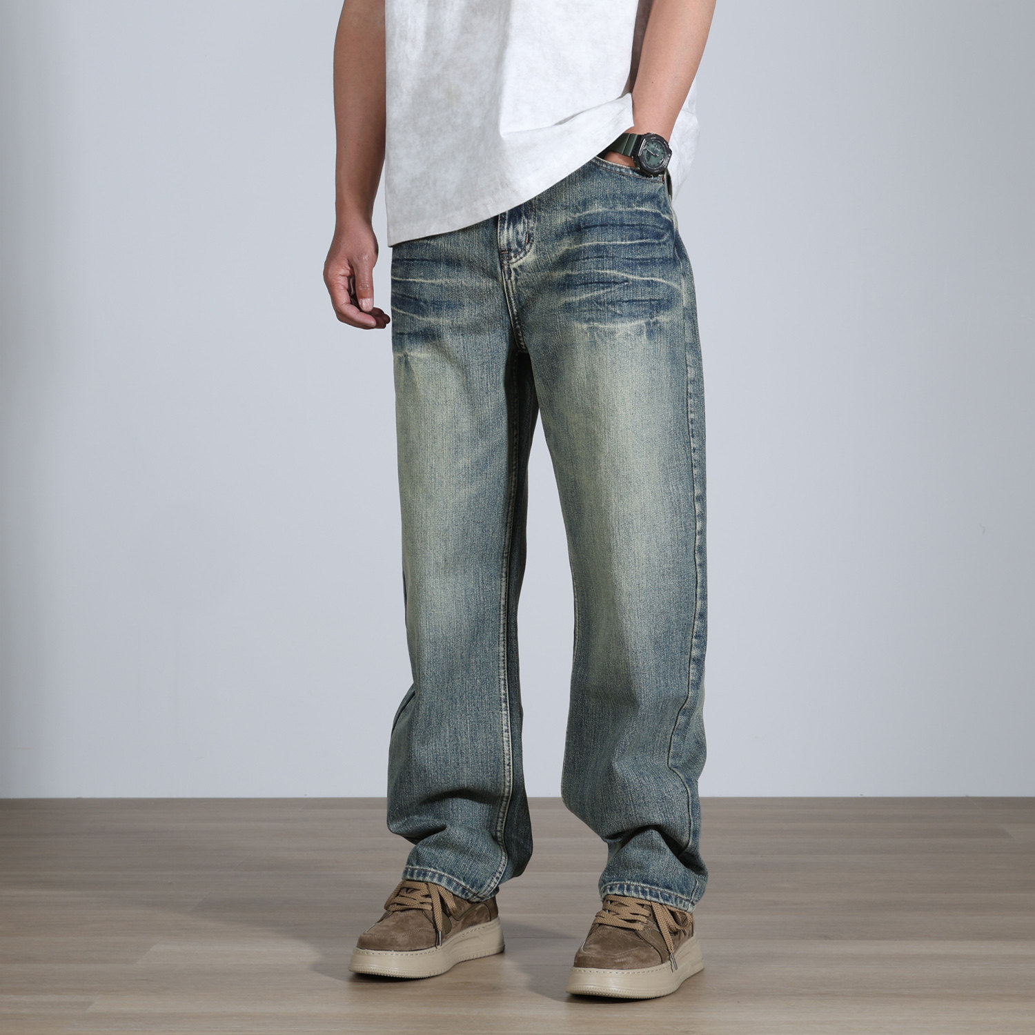 【宽松弯刀】秋冬牛仔裤男士洗水无弹弯刀美式复古做旧宽松直筒裤