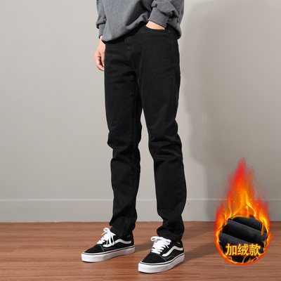 加绒加厚纯黑色男士牛仔裤潮牌