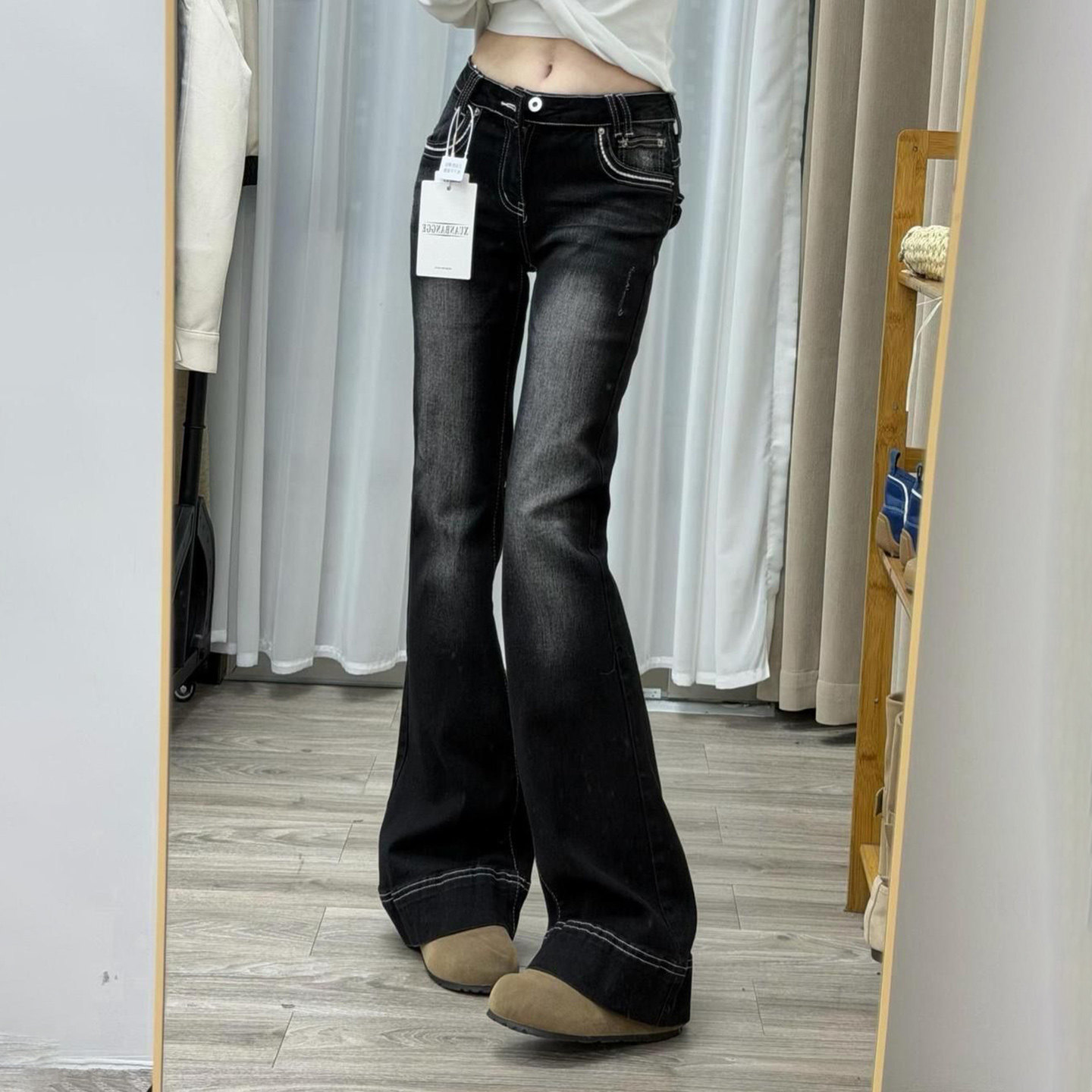 黑色微喇牛仔裤女2026春夏新款女裤低腰显瘦微弹长裤子磨白喇叭裤