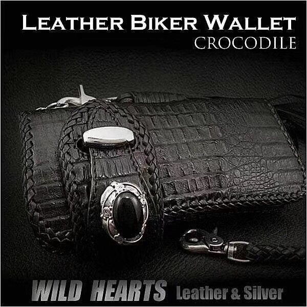 现货进口手工刺绣鳄鱼牛皮钱包摇滚机车哈雷骑士男女长款真皮钱包