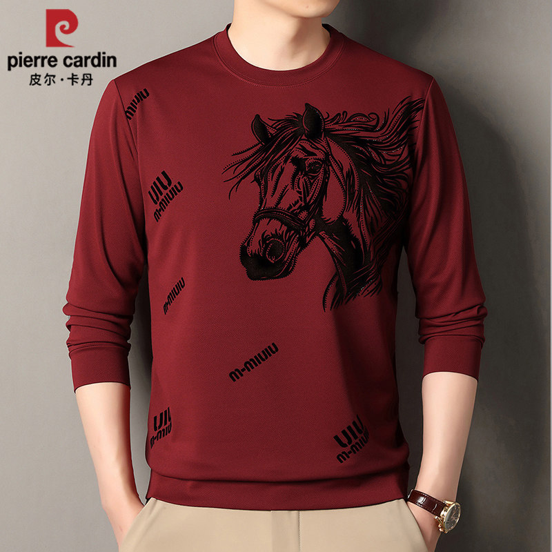 皮尔卡丹正品男士t恤长袖薄款红色本命马年卫衣春秋上衣打底小衫T