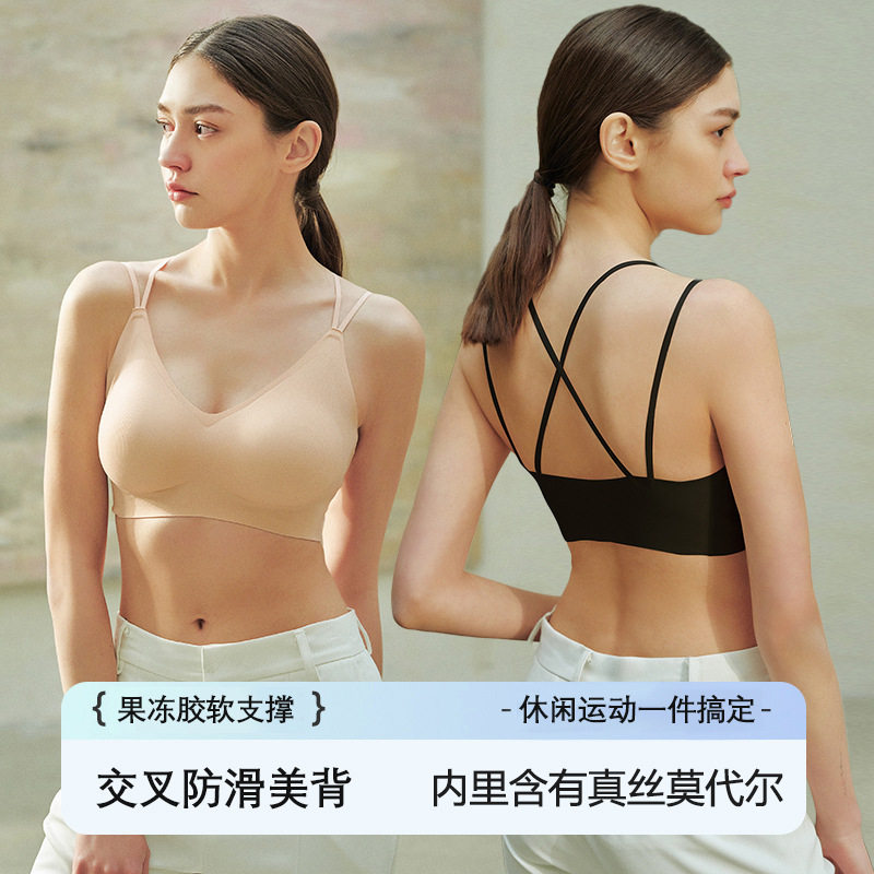 果冻胶性感交叉半固定杯美背内衣无钢圈透气桑蚕丝真丝莫代尔文胸