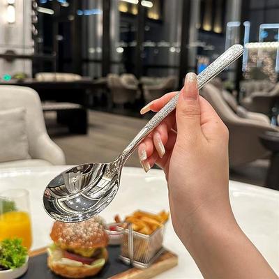 不锈钢锤纹韩式勺家用长柄甜品勺圆头吃饭勺调羹汤勺