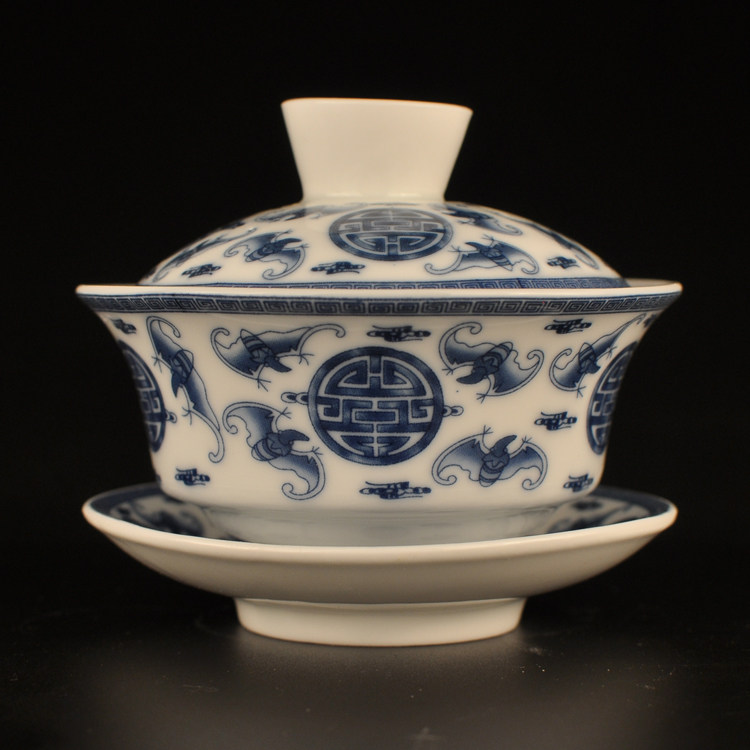 普洱杯 釉下彩 骨瓷 茶具 茶道 青瓷 青花 蝙蝠图案 福寿 茶碗