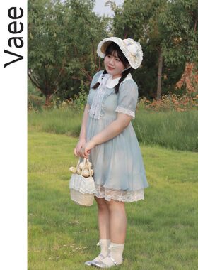 Vaee大码女装收腰显瘦蕾丝花边仙女裙子蓝色芭比娃娃领公主连衣裙