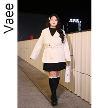 Vaee大码女装短款毛呢外套秋冬新款气质大翻领上衣手缝双面呢大衣