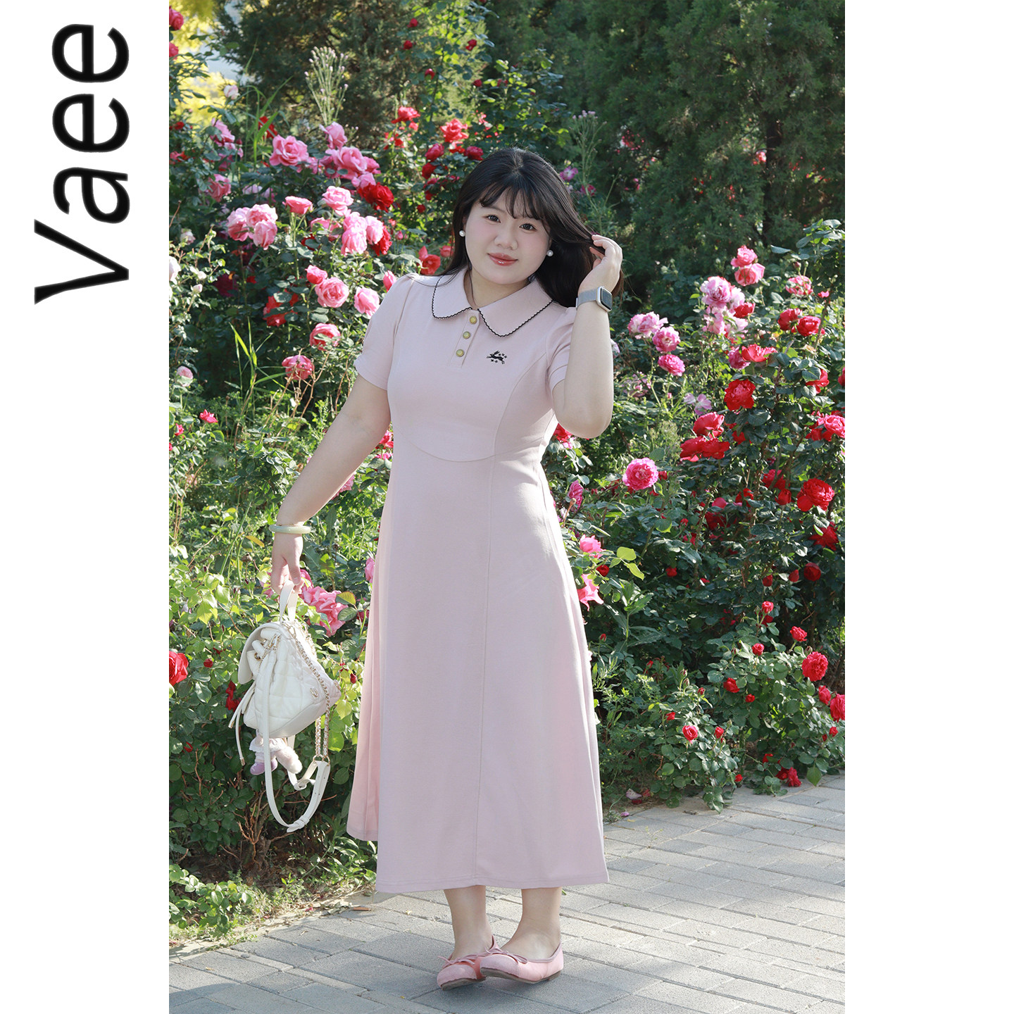 Vaee大码女装polo领姐妹装宽松显瘦T恤夏季胖mm收腰短袖连衣裙