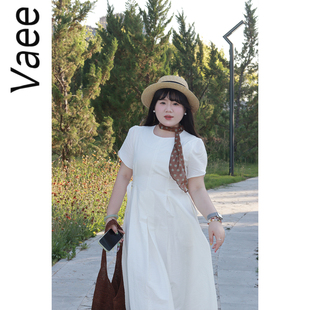 Vaee大码女装chic环扣收腰连衣裙夏季新款胖mm气质圆领短袖长裙子