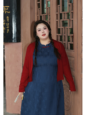 Vaee大码女装套装优雅开衫防晒外搭复古民国风蓝色改良旗袍连衣裙