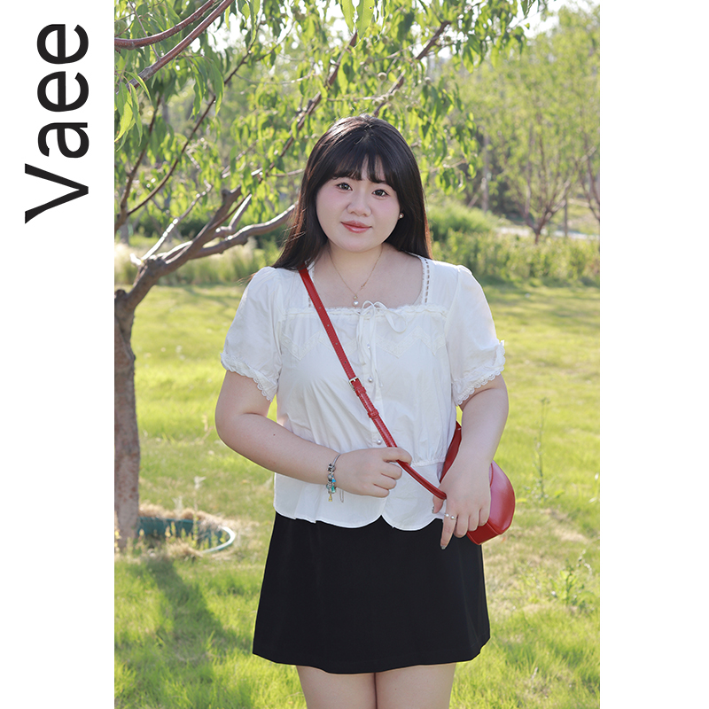 Vaee大码女装方领泡泡袖上衣夏季新款胖mm白色气质性感显锁骨衬衫