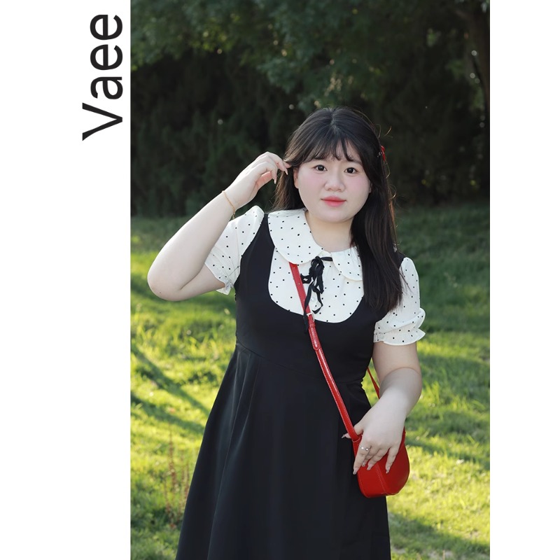 Vaee大码女装撞色波点小黑裙2025夏季姐妹款裙子气质假两件连衣裙