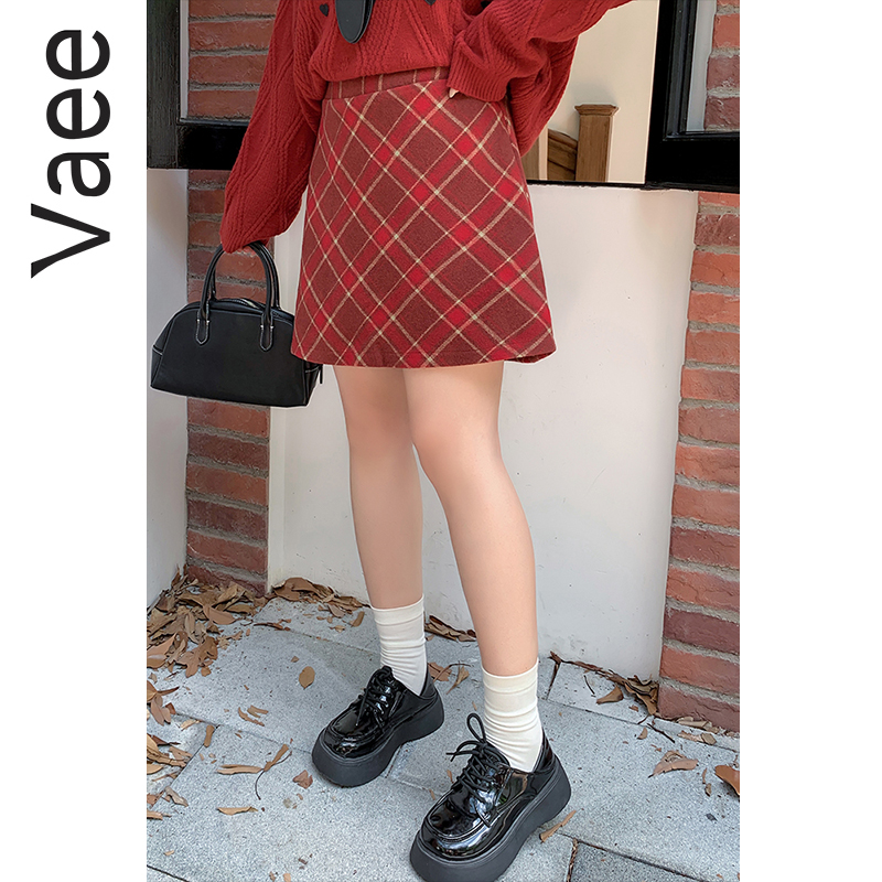 Vaee大码女装秋冬复古格子半身裙胖mm学院风气质修身显瘦百搭裙子