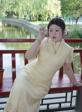 Vaee大码女装新中式改良旗袍夏气质泡泡袖立领盘扣开叉连衣裙长裙