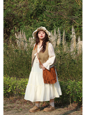 Vaee大码女装法式度假风两件套春季马夹小开衫绑带V领长袖连衣裙