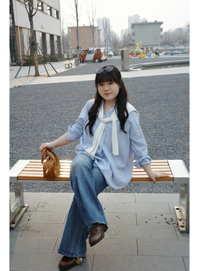 Vaee大码女装慵懒风披肩衬衣套装春季胖mm宽松百搭显瘦衬衫上衣