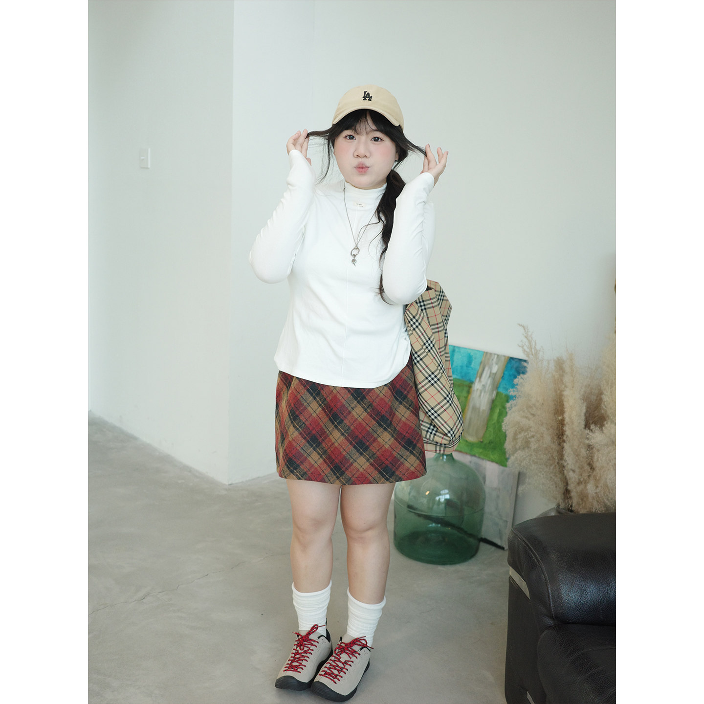 Vaee大码女装韩系格纹撞色毛呢藏胯A字半身裙胖mm遮肉显瘦短裙子