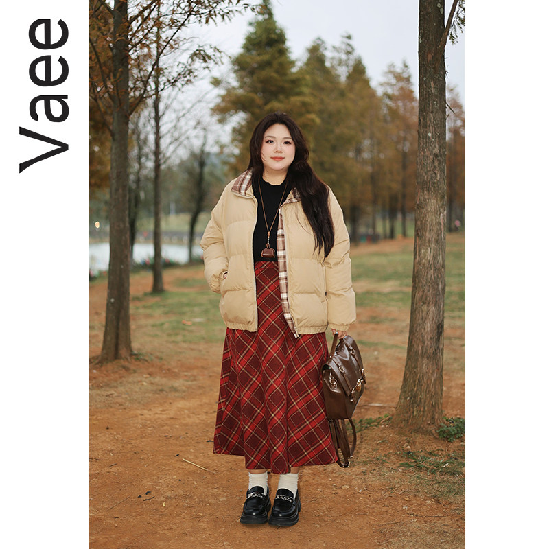 Vaee大码女装冬季新款复古格子半身裙长裙胖mm立领棉服外套面包服