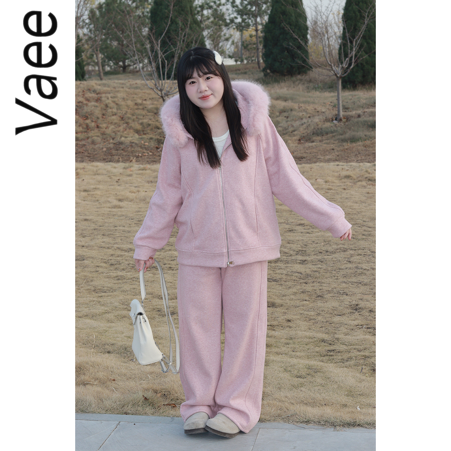 Vaee大码女装粉色气质休闲两件套毛领连帽拉链卫衣松紧腰直筒长裤