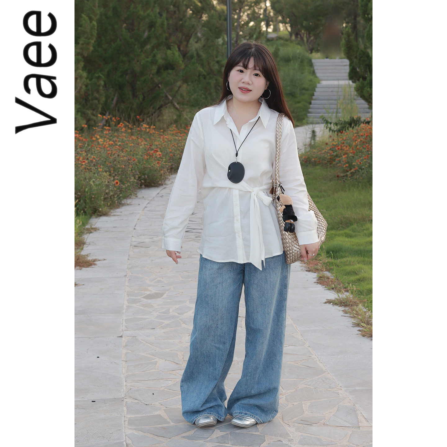 Vaee大码女装牛仔裤早秋新款胖mm气质宽松显瘦百搭长裤做旧裤子