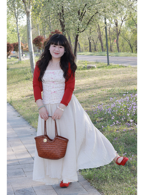 Vaee大码女装慵懒三件套碎花吊带背心红色长袖开衫长款大摆半身裙