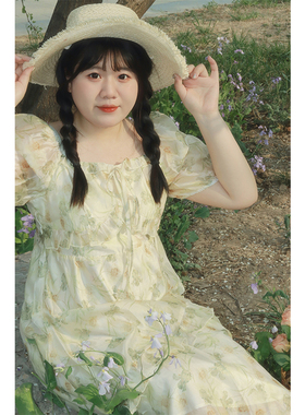 Vaee大码女装碎花连衣裙2024夏季新款胖mm法式方领小众高级感裙子