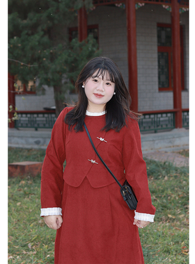 Vaee大码女装安卡拉红色连衣裙礼服长裙新中式假两件收腰长袖裙子