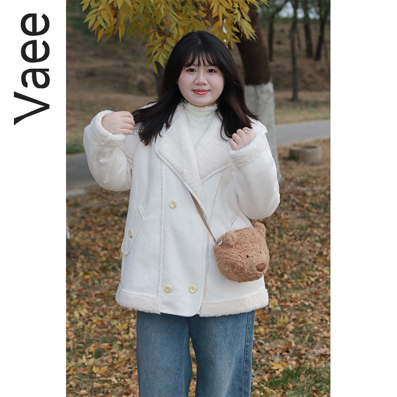 Vaee大码女装翻领羊羔毛外套冬季新款胖mm宽松显瘦百搭气质上衣女
