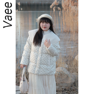 Vaee大码女装90白鸭绒毛绒娃娃领字母波点印花羽绒服中长款外套