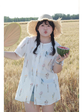 Vaee大码女装花卉绣花短袖衬衫2025夏季新款胖mm宽松显瘦开衫上衣