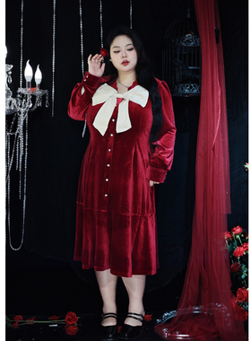 Vaee大码女装法式赫本连衣裙早春新款V领蝴蝶结红色泡泡袖长裙女