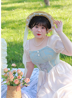 Vaee大码女装法式宫廷风连衣裙夏季胖mm高腰显瘦气质复古公主裙子