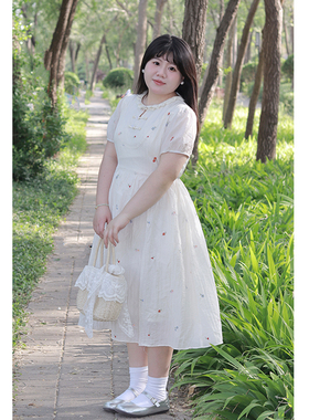Vaee大码女装白色收腰长裙夏季可爱花边领国风盘扣刺绣碎花连衣裙
