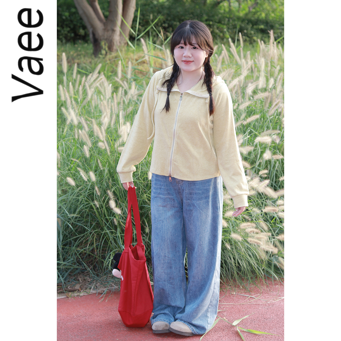 Vaee大码女装秋季新款胖mm大码女装百搭双拉链连帽抽绳休闲外套