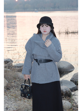 Vaee大码女装宽松慵懒风围巾领针织开衫高级感灰色气质收腰外套