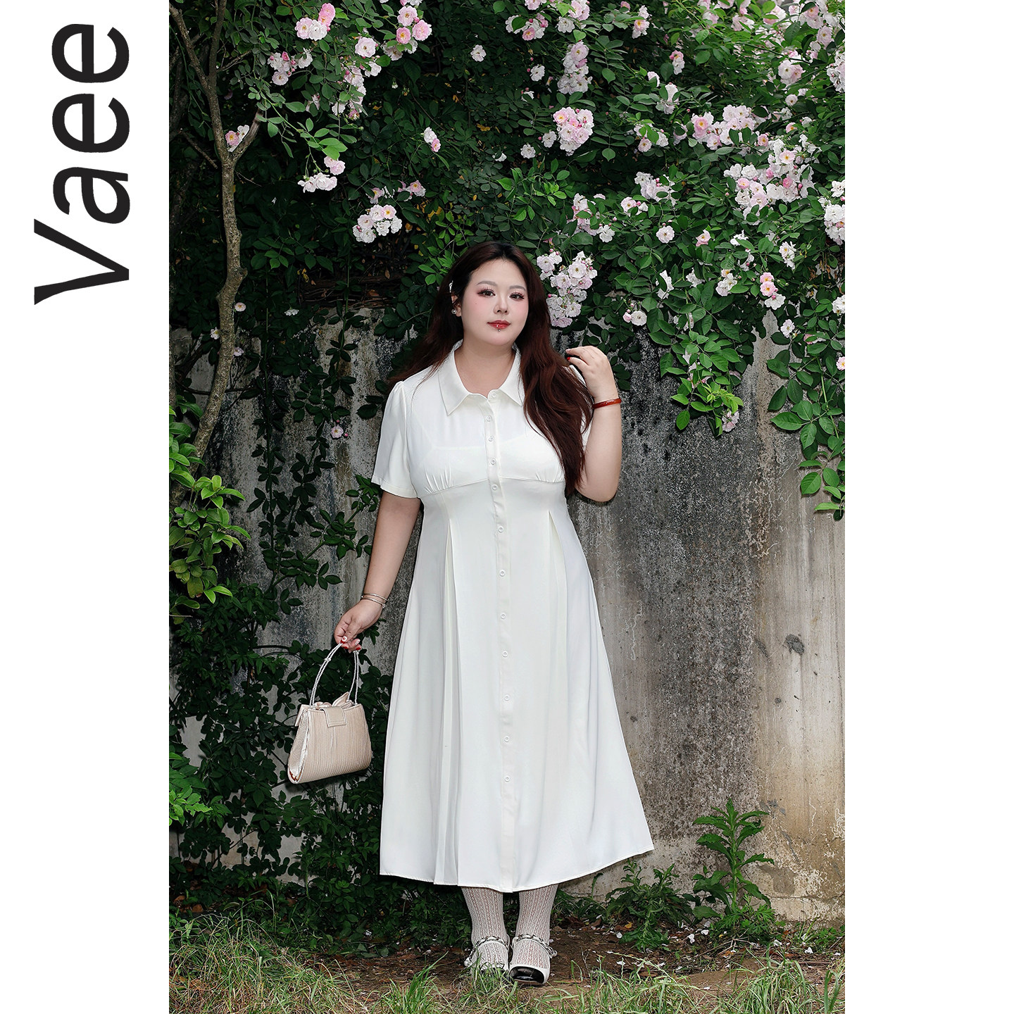 Vaee大码女装姐妹款polo领连衣裙夏季新款胖mm气质收腰显瘦长裙