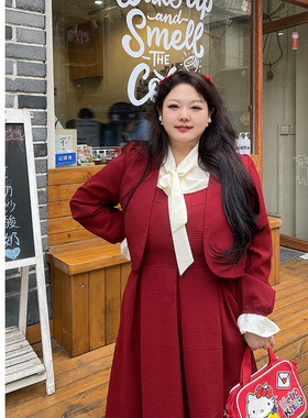 Vaee大码女装圣诞节红色两件套秋冬新款长袖短外套吊带礼服连衣裙