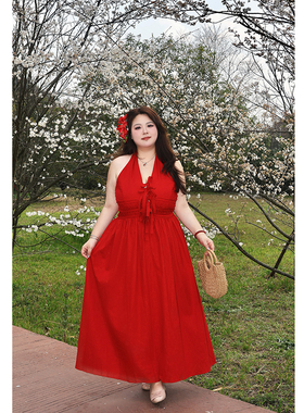 Vaee大码女装慵懒风性感绑带挂脖连衣裙夏季旅游度假收腰大摆长裙