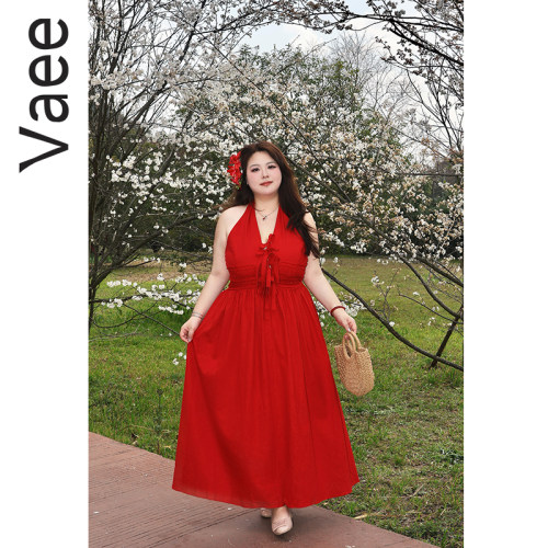 Vaee大码女装慵懒风性感绑带挂脖连衣裙夏季旅游度假收腰大摆长裙