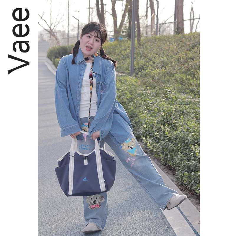 卡通印花宽松阔腿牛仔裤