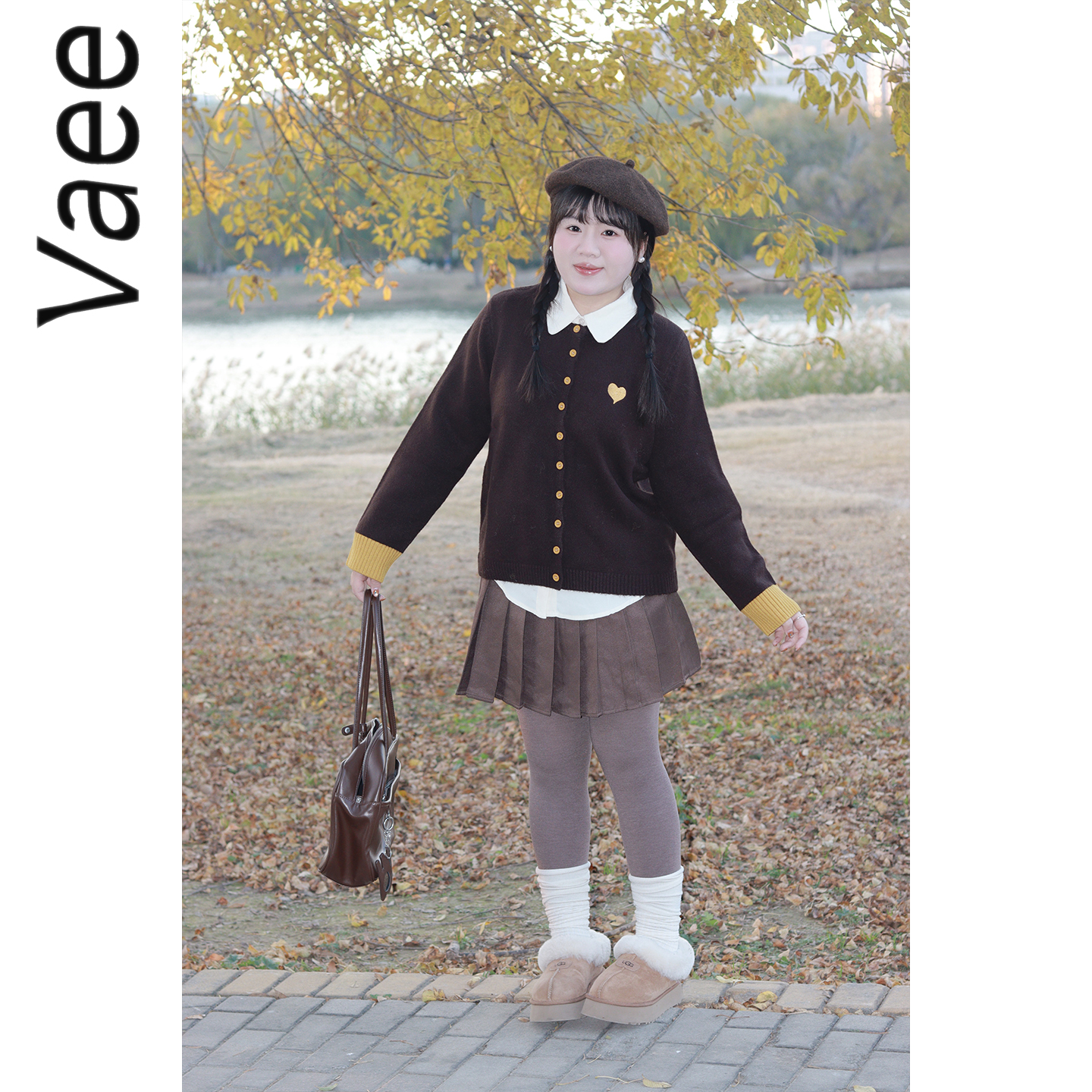 Vaee大码女装刺绣爱心撞色针织开衫冬季新款气质宽松圆领毛衣外套