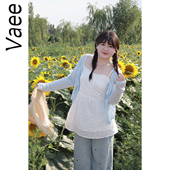 女装 短款 拼接镂空蕾丝V领吊带背心夏季 Vaee大码 胖mm修身 显瘦上衣