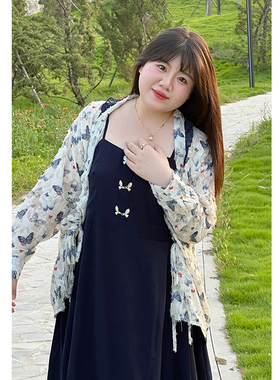 Vaee大码女装新中式两件套碎花长袖开衫吊带连衣裙前胸蝴蝶扣长裙