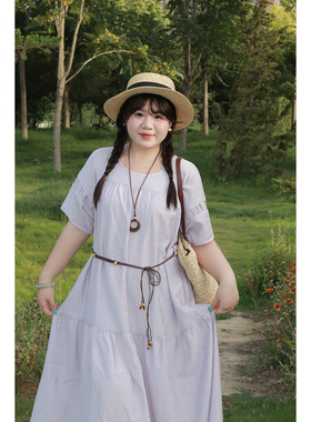 Vaee大码女装设计感系带收腰连衣裙夏季新款胖mm气质度假风长裙子