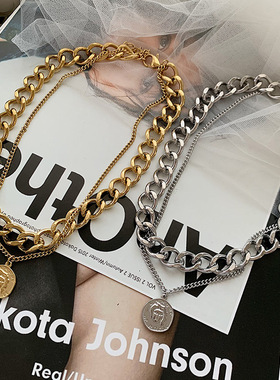 欧美in复古人像夸张粗链项链双层