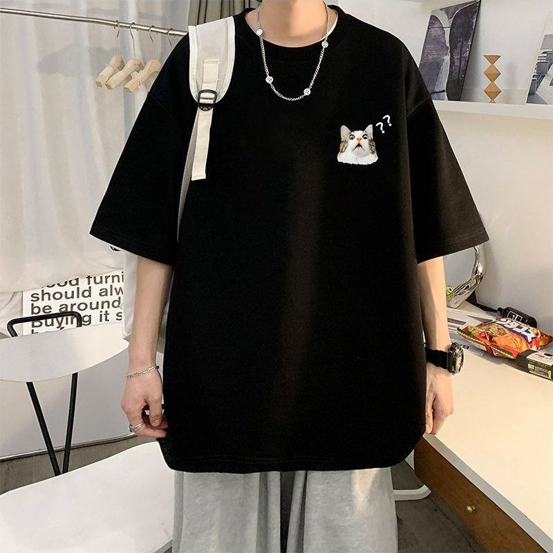 宽版嘻哈猫咪印花t恤潮牌美式复古短袖男夏季情侣装七分袖百搭棉
