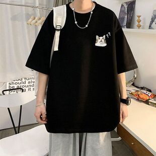 宽版嘻哈猫咪印花t恤潮牌美式复古短袖男夏季情侣装七分袖百搭棉