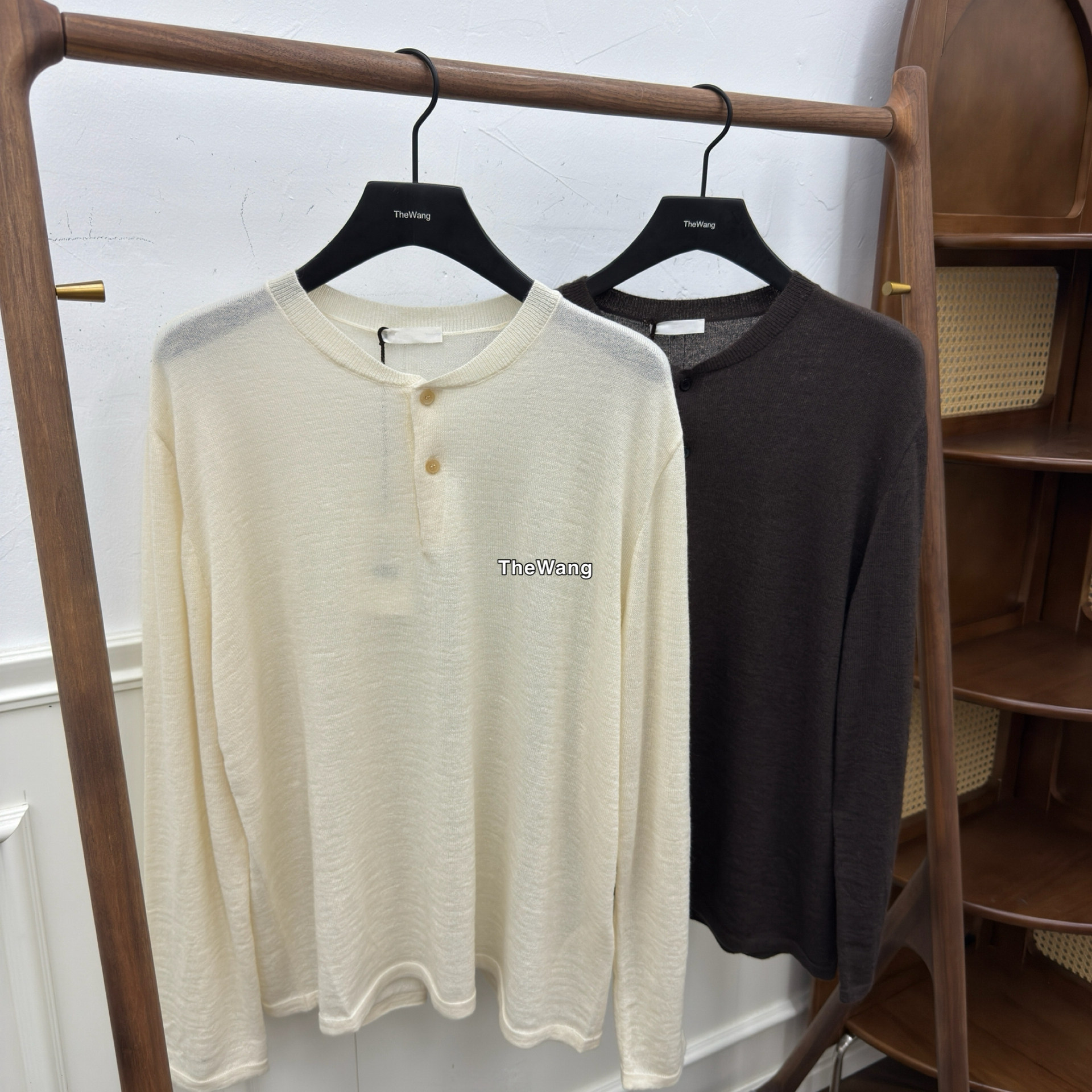 thumbnail for Row Ennio matching wool silk-blend coffee oatmeal two-tone long-sleeved henry-collar knit base layer