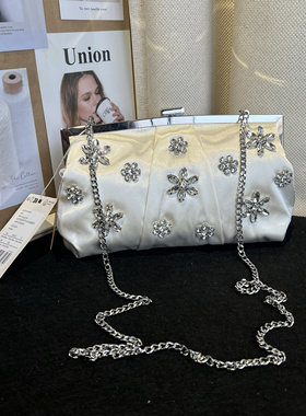 出口欧美外贸纯原单绸缎镶钻褶皱夹子包晚宴日常手拿链条包斜挎包